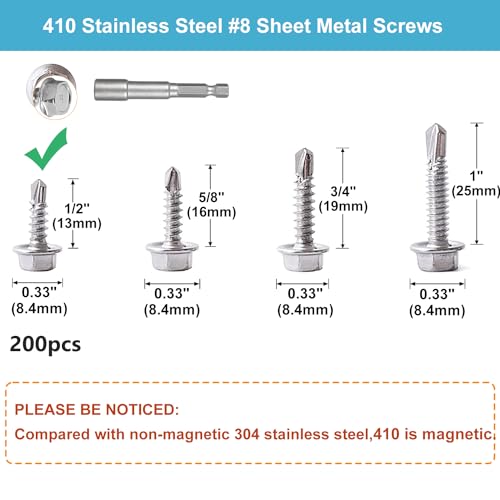 QSJ 200PCS Sheet Metal Screws Assortment Kit Hex Washer Head Truss Head 410 Stainless Steel Fast Self Tapping Screws with Screwdriver Bit Silver - color: Hex & Truss #8 Kit 2（200）