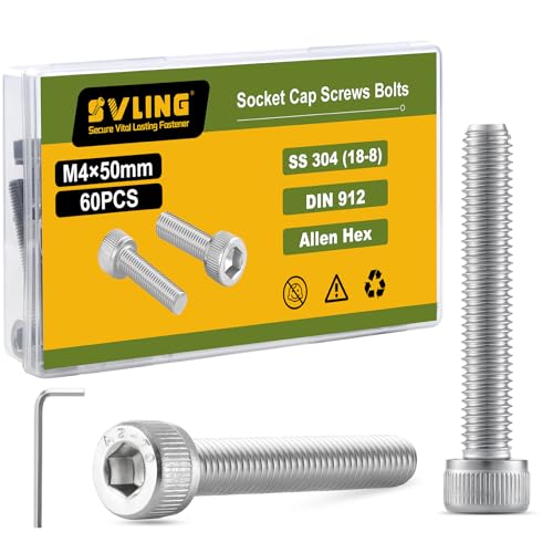 M4-0.7 x 50mm Bolt, 60PCS M4 Hex Socket Head Cap Screws Bolts, 304 Stainless Steel 18-8, Full Threads, Allen Socket Drive, with Hex Spanner - size: M4x50mm