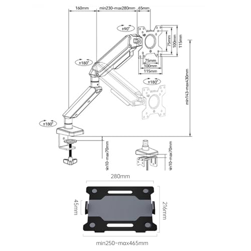 Monitor Arm Laptop Mount with Adjustable Tray for 10-17”Notebook, Full Motion Gas Spring Mount Arm for 17-32”Monitor (Within 4.4~22.0lbs), C-Clamp and Grommet Base Desk Accessories(Black)