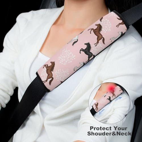 2PCS Grey White Brown Horses Flowers Pink Seat Belt Cover Breathable Seat Belt Cushion for Adults and Children, All Vehicles, Comfortable Driving - color: Pattern 1080