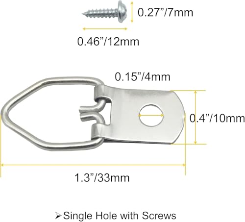 150 Pack Small D-Ring Steel Picture Hangers with Screws (Silver) | Metal Picture Hanging Kit, Picture Frames Hangers, For Hanging Photo Frames, Artwork, Paintings, Clock, Canvas Hooks - size: 150 Pack-Single hole