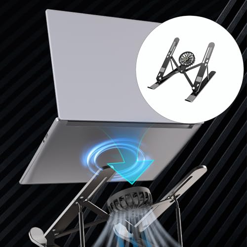 Aluminum Laptop Stand with Cooling Fan 7 Heights Adjustable Foldable Ergonomic Computer Holder for Notebook and Tablets - color: Silver
