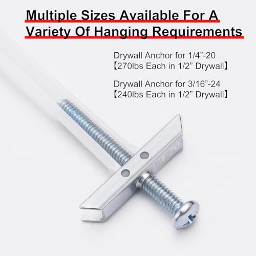 Heavy Duty Drywall Anchor Bolts with 1/4"-20 Fastener Suitable for TV Mounting Hollow Wall Anchor Bolt Screw Kit Supports Up to 270 lbs Each on 1/2 Inch Drywall Pack of 42 - size: 1/4"-20：Pack of 42
