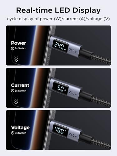 UGREEN USB C 240W Cable with Digital Display, PD 100W Fast Charging, 6.6FT | Compatible with MacBook Pro/Air, iPad Pro, XPS, Gaming Laptops, iPhone 17/16/15, Galaxy S26/S25, Pixel & More. Nylon Braided. - size: 6.6FT