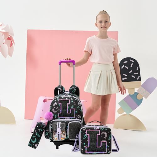 HTgroce Cute Rolling Backpack with Wheel,School Backpack for Kids Girl Roller Schoolbag Wheeled Backpacks Set Carry-on Luggage,Black L - color: Black, style: L