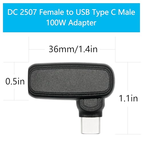 90 Degree 100W DC 2.5mm x 0.7mm Power Adapter, Input 15 - 20.5V, PD Chip | Right Angle DC 2507 Female to USB Type C Male PD Plug, Built in PD Intelligent Chip Quick Identification V/A, for USB C Port - style: DC 2507 Female to USB Type c Male - 100W