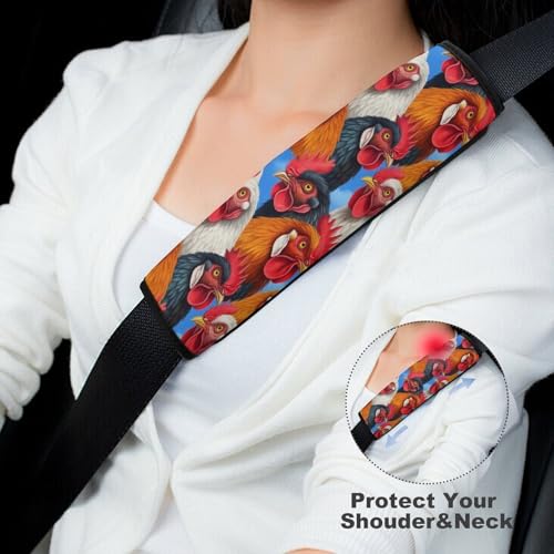 Soft Padded Seat Belt Cover for Girls and Boys, Stroller Pushchair High Chair, 2 Piece Roosters Animals Funny Chicken Shoulder Protector Anti-Slip Pad - color: Pattern 373