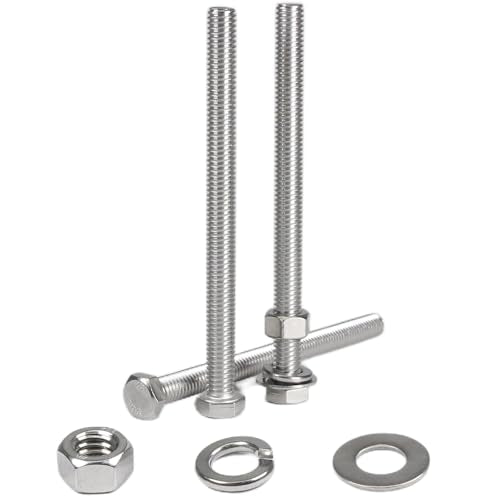 MroMax 5 Sets 3/8-16 x 5 Hex Head Screw Bolt, Nuts, Flat Washer & Spring Lock Washers Kits,Fully Threaded, Stainless Steel 18-8（304）, Bright Finish - size: 3/8-16 × 5" (5 Sets)