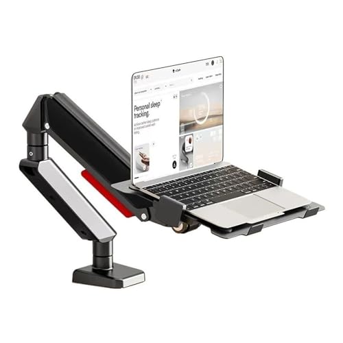 Monitor Arm Laptop Mount with Adjustable Tray for 10-17”Notebook, Full Motion Gas Spring Mount Arm for 17-32”Monitor (Within 4.4~22.0lbs), C-Clamp and Grommet Base Desk Accessories(Black)
