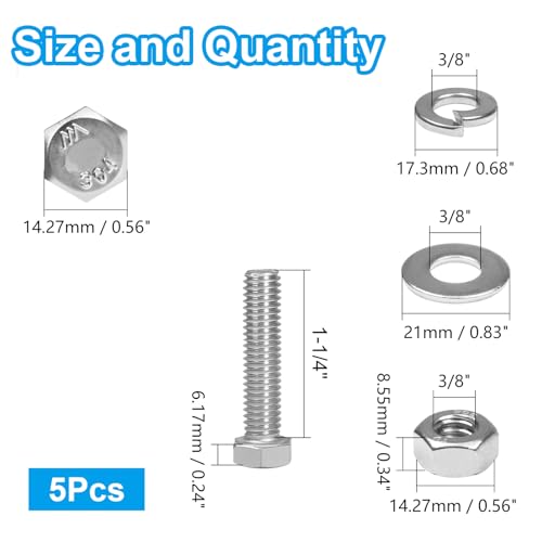 MroMax 8 Sets 3/8-16 x 1-1/4" Hex Head Screw Bolt, Nuts, Flat Washer & Spring Lock Washers Kits,Fully Threaded, Stainless Steel 18-8（304）, Bright Finish - size: 3/8-16 x 1-1/4" (8 Sets)