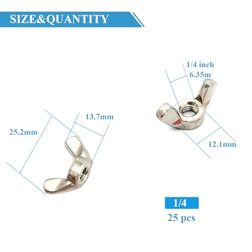25 Pcs 1/4"-20 Wingnuts 304 Stainless Steel Wing Nuts Fasteners Parts Butterfly Nut, Hand Twist Tighten Hardware Nuts Butterfly Wing-Nut - size: 1/4"-20 - 304 Stainless Steel - 25 Pcs
