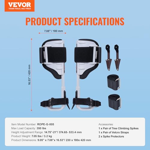 VEVOR Tree Climbing Spikes, 1 Pair Height-Adjustable Climbing Spurs, 350lbs Load Capacity Tree Climbing Gear with Straps, Arborist Equipment for Climbers, Hunting, Fruit Picking - color: White (Upgraded)