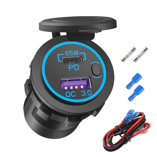 Boostable 12V USB C Outlet 65W PD3.0 Port and 18W Quick Charge 3.0 Car USB Charger Socket for Laptops Tablets Phones, Waterproof 12V/24V Socket with Power Switch for Car Marine Boat Motorcycle RV