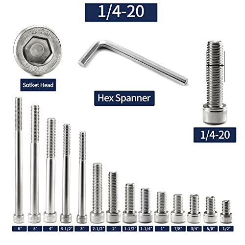 1/4-20 x 5 Socket Head Cap Screws Bolts, 20Pcs 304 Stainless Steel 18-8, Allen Socket Hex Drive, Partially Threaded, Bright Finish by SG TZH(with Hex Spanner) - size: 1/4-20 x 5"