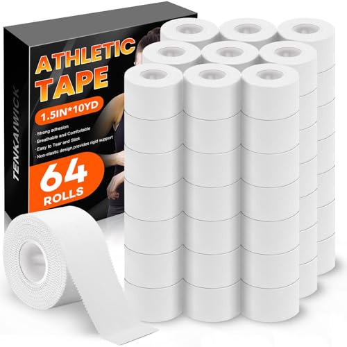 64 Pack Athletic Tape, White Sports Tape for Wrist Ankle Protection, Sports Tape Athletic No Sticky Residue, Easy to Tear Gymnastics Tape for Soccer, Football, Training Supplies (1.5" x 640 Yards) - size: 64
