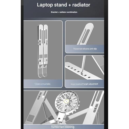 Aluminum Laptop Stand with Cooling Fan 7 Heights Adjustable Foldable Ergonomic Computer Holder for Notebook and Tablets - color: Silver