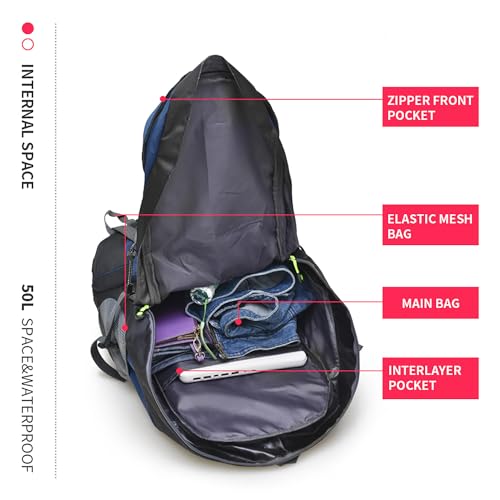 Bseash 50L Hiking Backpack, Water Resistant Lightweight Outdoor Sport Daypack Travel Bag for Camping Climbing Skiing Cycling (Navy Blue - With Shoe Compartment) - color: Navy Blue - With Shoe Compartment