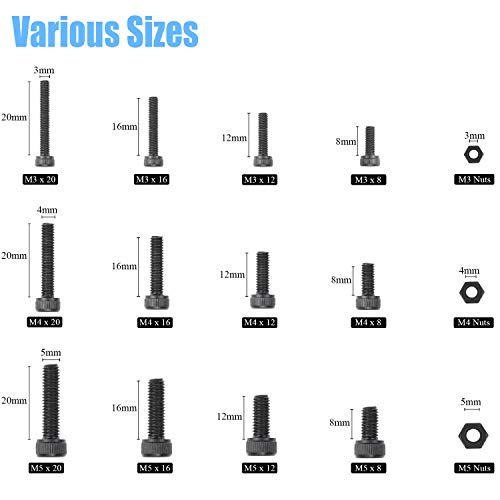 DYWISHKEY 500 Pieces M3 M4 M5, 12.9 Grade Alloy Steel Hex Socket Head Cap Bolts Nuts Assortment Kit with Hex Wrenches - size: M3 M4 M5, style: Socket Head