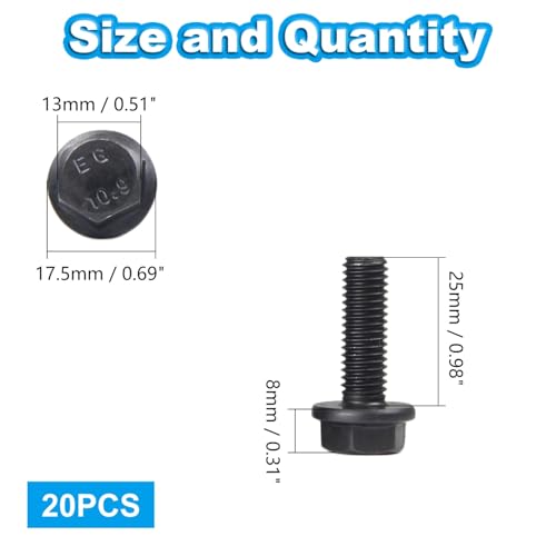 M8-1.25 X 30mm Flanged Hex Head Bolts Flange Hexagon Screws, External Flange Hex Drive Screws,Class 10.9 Black Finish,Alloy Steel, Fully Threaded, 20 PCS - size: M8x30mm