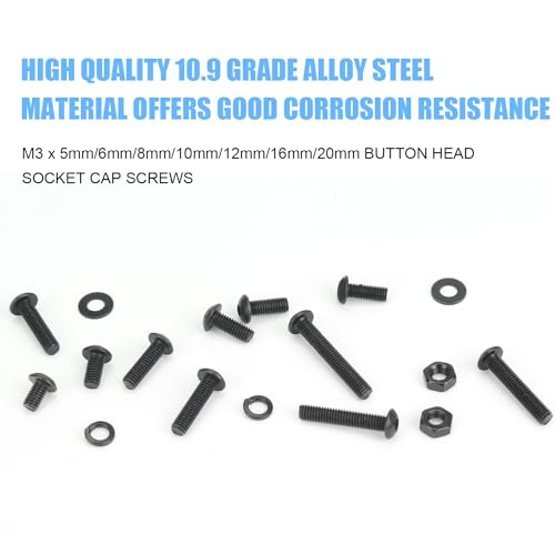DYWISHKEY 566 Pieces M3 Black Screws, 10.9 Grade Alloy Steel M3x 5/6 /8/10 /12/16 /20mm Button Head Socket Cap Screws Bolts Nuts Washers Assortment Kit - size: M3, style: Button Head Socket Cap