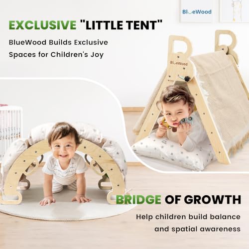 BlueWood Pikler Triangle Set with Cushion, Wooden Climbing Toys for Toddler | Foldable 8-in-1 Montessori Philosophy Toddler Climbing Toys Indoor with Reversible Ramp, Arch and Ladder - Natural Wood - color: Natural Wood