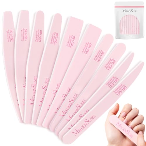MelodySusie 10Pcs Nail Files 100/180 Grit, Mixed-Shape Double Sided Emery Boards Bulk Pack for Acrylic, Gel and Natural Nails, Professional Manicure Pedicure Shaping Tools for Home Salon, Pink - size: 10Pcs Mix Shape