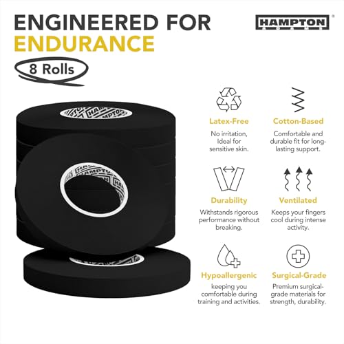 Hampton Adams Pro Finger Tape, Non Slip Grip for BJJ & Climbing | 8 Pack Rolls, No Fray Edges, Super Strong Adhesive, Extended Wear for Bouldering Crossfit Weightlifting & Jiu Jitsu - color: Black