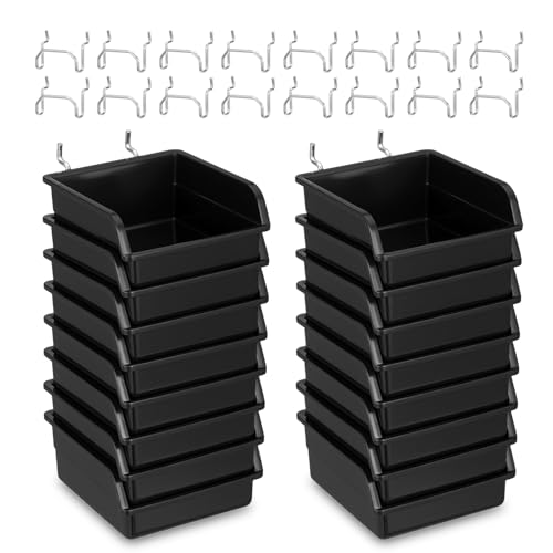 16 Pcs Black Pegboard Bins with Metal Hooks, Heavy Duty Plastic Storage Organizer, Pegboard Tools Organizer for Garage, Workshop, Craft Room, Hardware Tools
