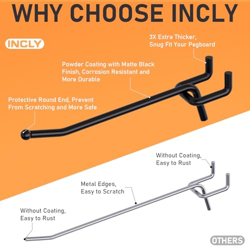 INCLY 60 Pack 4/6/8 Inch Heavy Duty Pegboard Hooks for Hanging Tools | Black 1/4" Peg Board Hooks Accessories, Peg Board Hangers Fit 1/4" Pegboard, For Garage, Craft Room, Store Organization - size: 60PCS
