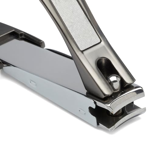 Nail Clippers with Catcher – KLIPP Heavy Duty Stainless Steel Fingernail and Toe Nail Cutter with Curved Surgical Blades and Built-in Nail File – Ergonomic Handle with Wide Jaws for Thick Nails