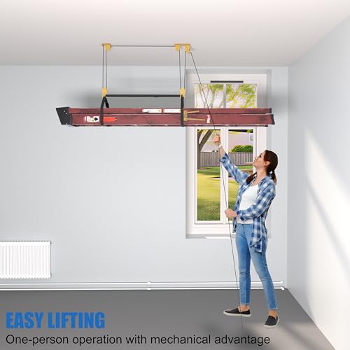 TRUSOON Ladder Pulley Hoist, Self-Locking Ceiling Lift System, 10-18 ft | Self-locking mechanism, holds up to 100 lbs, fits ladders kayaks bikes & more, all hardware included, easy solo operation