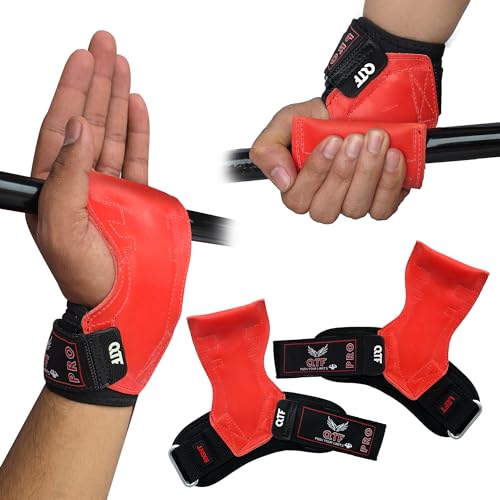 QTF Weight Lifting Grips (Pair) for Heavy Powerlifting, Wrist Straps for Deadlifts, Rows, Pull Ups, with Neoprene Padded Wrist Wraps Support and Strong Rubber Gloves or Straps for Bodybuilding. - color: Red, size: M