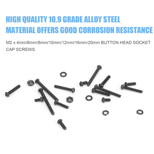 DYWISHKEY 566 Pieces M2 Black Screws, 10.9 Grade Alloy Steel M2x 4/6 /8/10 /12/16 /20mm Button Head Socket Cap Screws Bolts Nuts Washers Assortment Kit - size: M2, style: Button Head Socket Cap