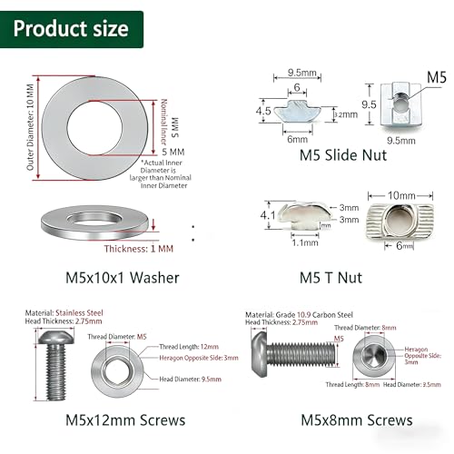 240pcs M5 T-Nuts Screws Kit for 2020 2040 8020 Series Aluminum Extrusion,40Pcs M5x8,40Pcs M5x12 Hexagon Socket Screws,40Pcs M5 T Sliding Nut,40Pcs M5 T Nut,80Pcs Washers - style: 240pcs 20 Series Screws Kit Silver