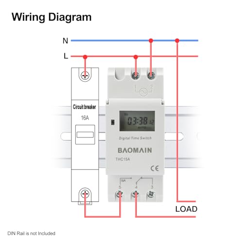 BAOMAIN THC15A AC 110V Digital Programmable Timer Switch,16A Weekly Relay | AC 110V Power Input with 16A Max Switch Capacity,Up To 240VAC,Supports 28 Weekly Settings. Din Rail Mount