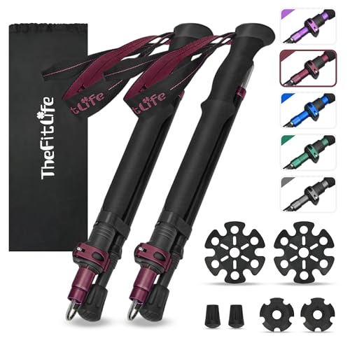 TheFitLife Collapsible Trekking Poles for Hiking – Lightweight Folding Walking Sticks for Men and Women with Extra-Long Foam Handle and Metal Flip Lock - color: Red, size: 115-135cm for Users 5'8" or above