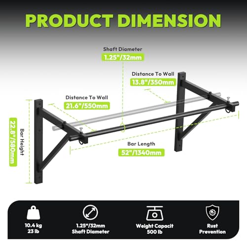 HANDBODE Wall Mounted Pull Up Bar for Doorway, 52''/36'' Chin Up Bar | 500 lb Capacity, Thickened Steel Construction, Joist Mounted - color: 52” wall mounted pull up bar