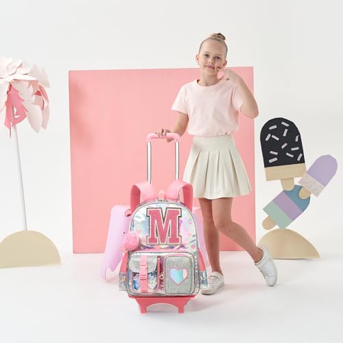 HTgroce Cute Rolling Backpack with Wheel,School Backpack for Kids Girl Roller Schoolbag Wheeled Backpacks Set Carry-on Luggage,Pink M - color: Pink, style: M