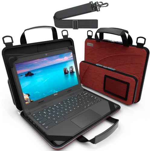 13-14 Inch Always-on Chromebook Protective Hard Case with Accessory Pouch and Adjustable Shoulder Strap - color: Deep Red
