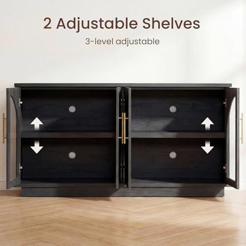 Fatmok 2-Piece Buffet Cabinet Set, Glass Display Cabinet & Solid Storage Cabinet Combo, 59” Modern Sideboard with Adjustable Shelves for Dining Room Living Room Entryway (Black Grey) - color: Ab-black Grey
