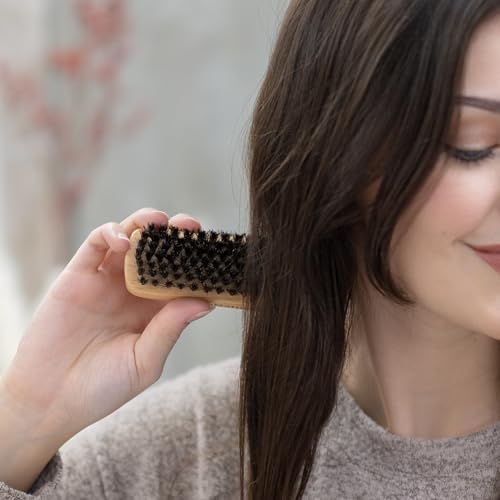 GranNaturals Boar Bristle Slick Back Hair Brush - Palm Size - Soft Medium Smoothing Hairbrush to Style, Polish, & Lay Hair Down Flat to Create a Sleek Frizz Free Hairstyle for Women and Men