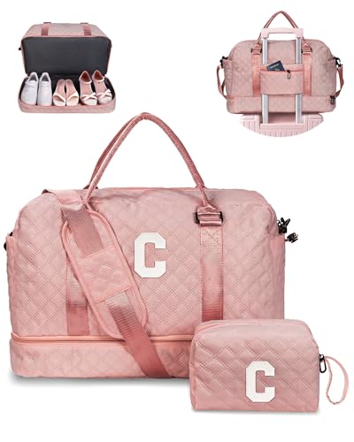 Birthday Gifts-for Women-Initial Duffle Bag with Shoe Compartment | Personalized Weekender Bag, Monogram Overnight Bags, Letter Travel Bags with Makeup bag，Friend Wife Birthday Gift (Letter C) - color: Pink, style: C