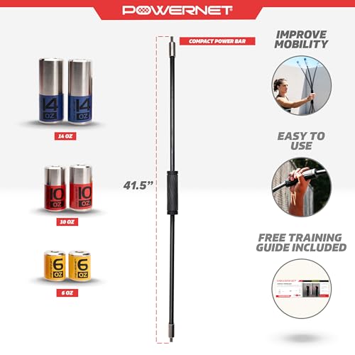 PowerNet Compact Power Bar, Weighted Tube with Interchangeable Weights, Strength Training Shoulder Rehabilitation Aid, Baseball Training Warm Up Cool Down, Increase Strength, Mobility & Flexibility