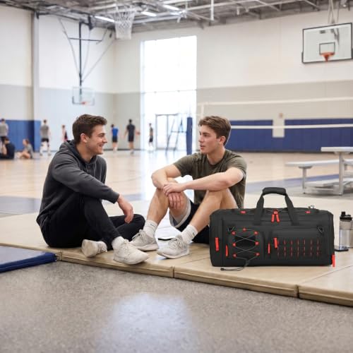50L Tactical Gym Bag for Men and Women with Shoe & Laptop Compartment | Extra Large Duffle Bag, 3-in-1 Travel Sports Duffel Bags MOLLE Weekender Overnight Bag for Gym, Travel, Black+Red - color: Black+Red