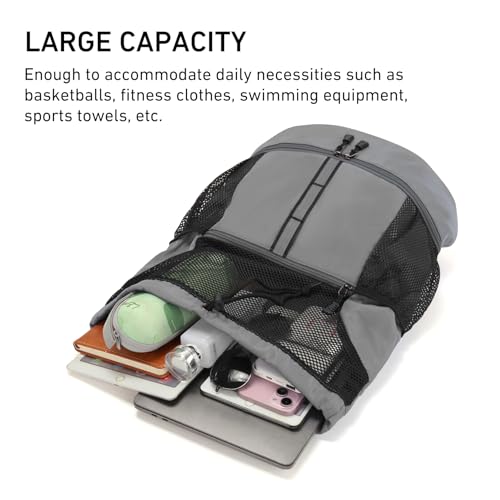 Valleycomfy Drawstring Gym Bag Sports Backpack With Shoe Compartment Grey | Reflective Strips Top Handle - color: Grey08