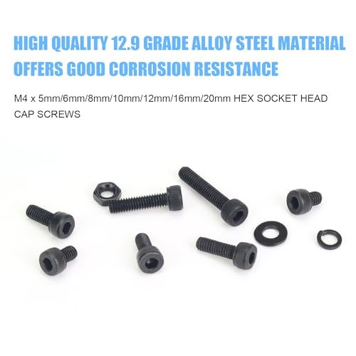 DYWISHKEY 386 Pieces M4 Black Screws, 12.9 Grade Alloy Steel M4x 5/6 /8/10 /12/16 /20mm Hex Socket Head Cap Screws Bolts Nuts Washers Assortment Kit - size: M4, style: Socket Head