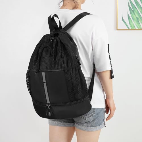 Valleycomfy Drawstring Gym Bag Sports Backpack With Shoe Compartment Black | Reflective Strips Top Handle - color: Black