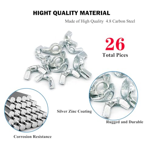26 Pcs 4 Sizes 3/16",1/4",5/16",3/8" Wingnuts, Quality Carbon Steel Wing Nuts Sliver Zinc Plated Fasteners Parts Butterfly Nut, Hand Twist Tighten Hardware Nuts Butterfly Wing-Nut Assorted Kit - size: 4 Sizes (3/16", 1/4", 5/16", 3/8") - 26 Pcs