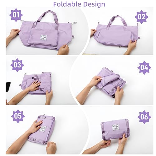 Large Capacity Foldable Travel Bag, Expandable lightweight Carry on Bag, Dry with Wet Separation Spor Duffel Bags (Purple) - color: Purple