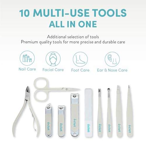 Éclat Manicure Pedicure Kit for Men & Women, 10Pcs Finger & Toe Nail Care Tools Includes Nail Clipper Cutter, Tweezer, File, Cuticle Pusher, Personal Care Professional Grooming Set With Travel Case - color: Medium Mani+pedi Set (10pc Cream)